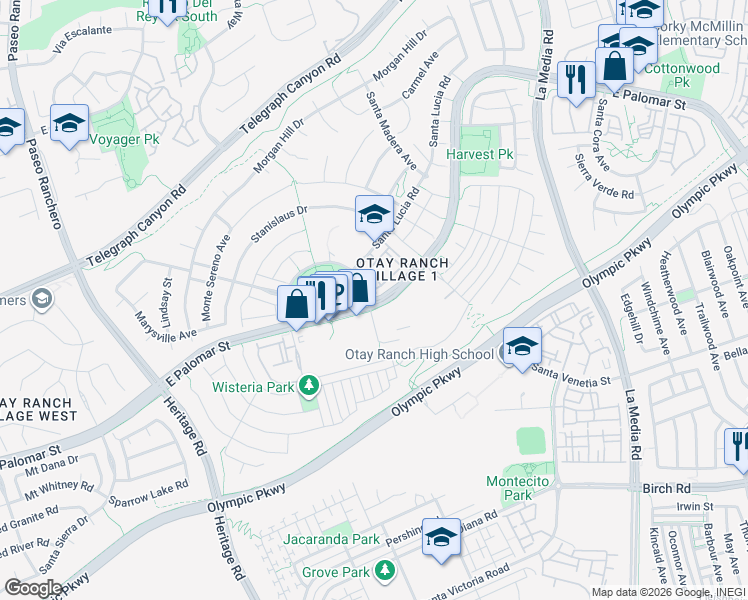 map of restaurants, bars, coffee shops, grocery stores, and more near 1441 Santa Lucia Road in Chula Vista