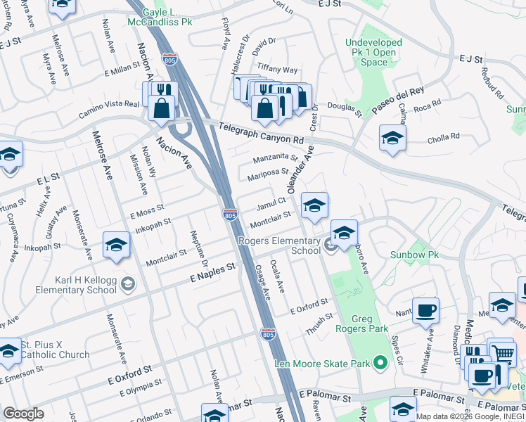 map of restaurants, bars, coffee shops, grocery stores, and more near 1028 Ossa Avenue in Chula Vista