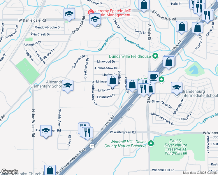 map of restaurants, bars, coffee shops, grocery stores, and more near 338 Linkcrest Drive in Duncanville