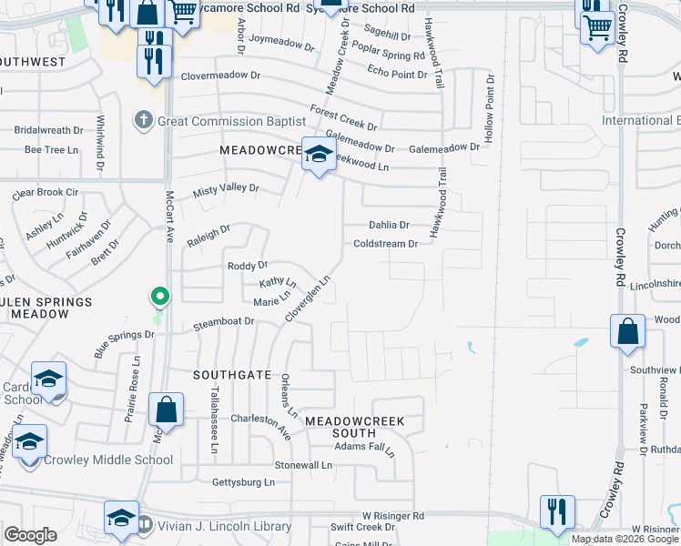 map of restaurants, bars, coffee shops, grocery stores, and more near 2641 Coldstream Drive in Fort Worth