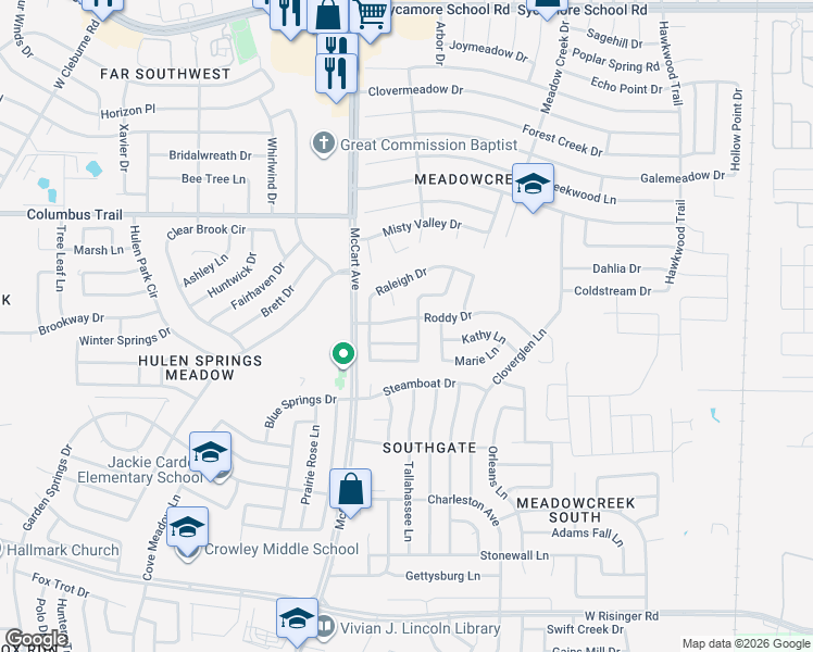 map of restaurants, bars, coffee shops, grocery stores, and more near 8067 Raleigh Court in Fort Worth