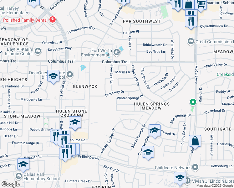 map of restaurants, bars, coffee shops, grocery stores, and more near 8012 Buttercup Circle South in Fort Worth