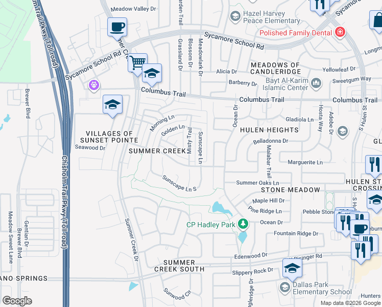 map of restaurants, bars, coffee shops, grocery stores, and more near 8020 Misty Trail in Fort Worth