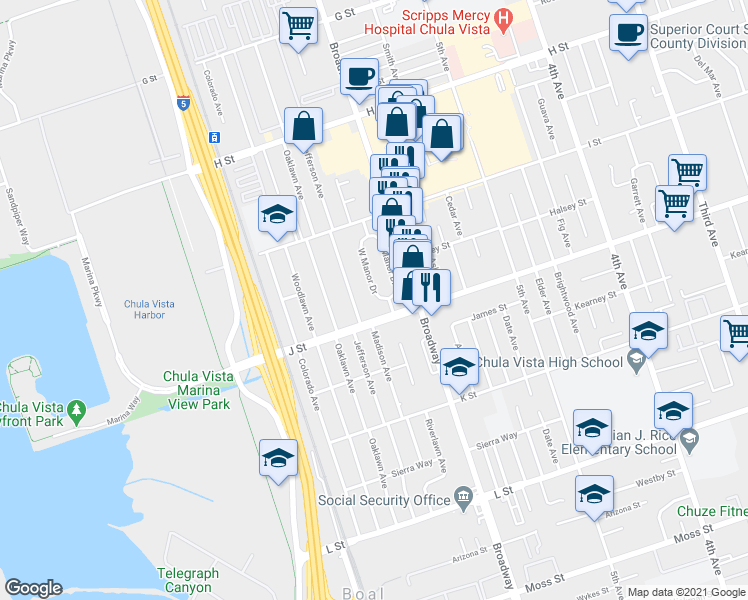 map of restaurants, bars, coffee shops, grocery stores, and more near 680 West Manor Drive in Chula Vista