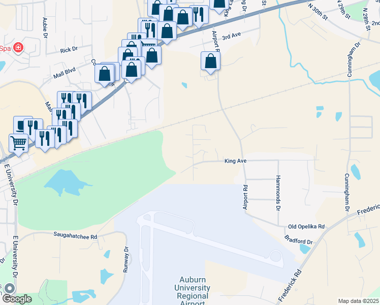 map of restaurants, bars, coffee shops, grocery stores, and more near 3550 King Avenue in Opelika
