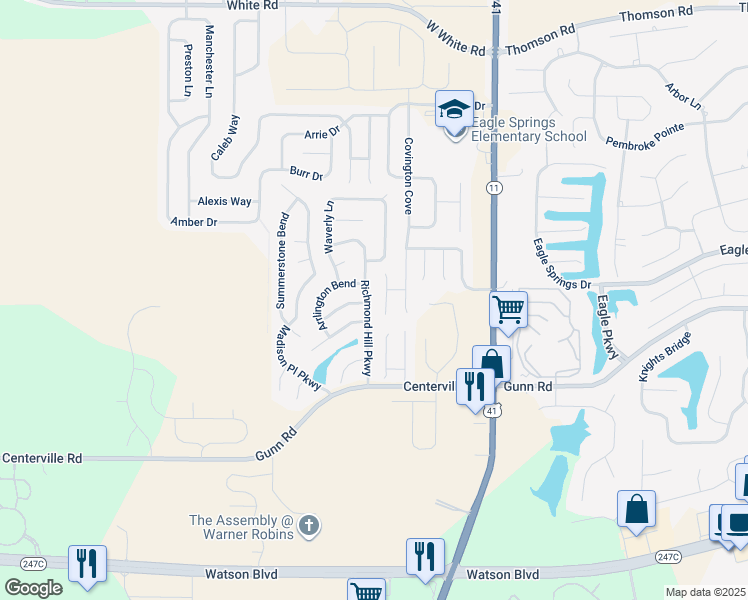 map of restaurants, bars, coffee shops, grocery stores, and more near 305 Richmond Hill Parkway in Byron