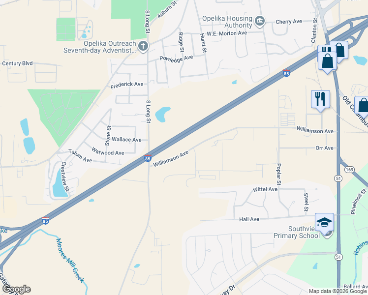 map of restaurants, bars, coffee shops, grocery stores, and more near 800 Williamson Avenue in Opelika