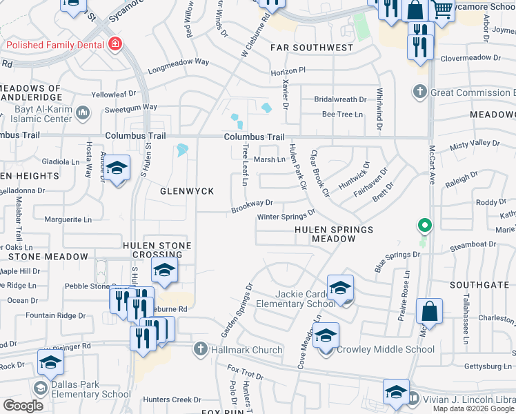 map of restaurants, bars, coffee shops, grocery stores, and more near 8012 Buttercup Circle South in Fort Worth
