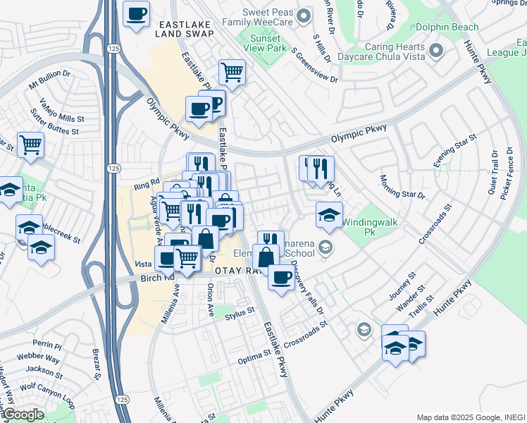 map of restaurants, bars, coffee shops, grocery stores, and more near 1623 Gila Court in Chula Vista