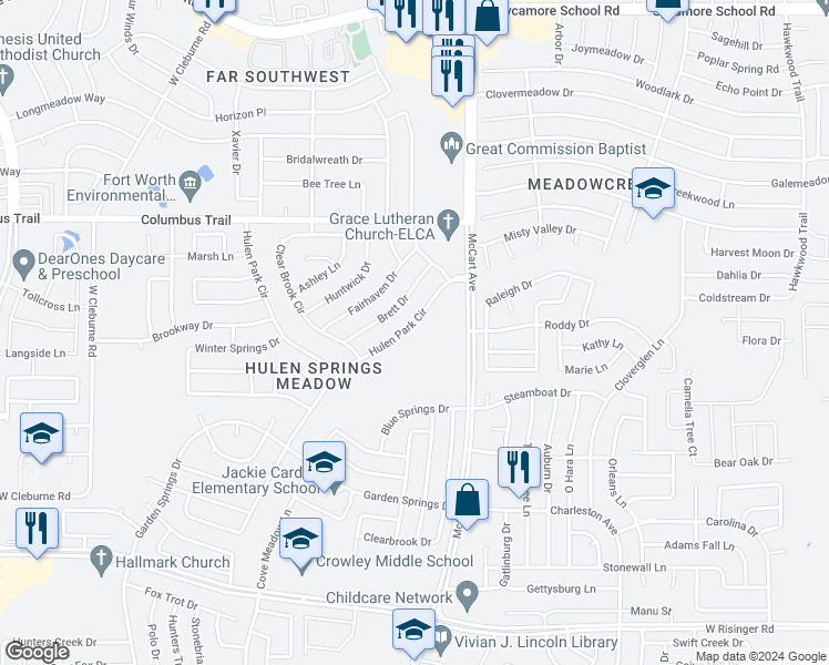 map of restaurants, bars, coffee shops, grocery stores, and more near 3641 Hulen Park Circle in Fort Worth
