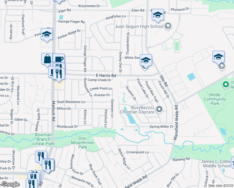 map of restaurants, bars, coffee shops, grocery stores, and more near 7503 Geneseo Lane in Arlington
