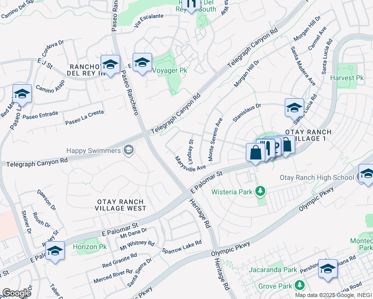 map of restaurants, bars, coffee shops, grocery stores, and more near 1254 Lindsay Street in Chula Vista