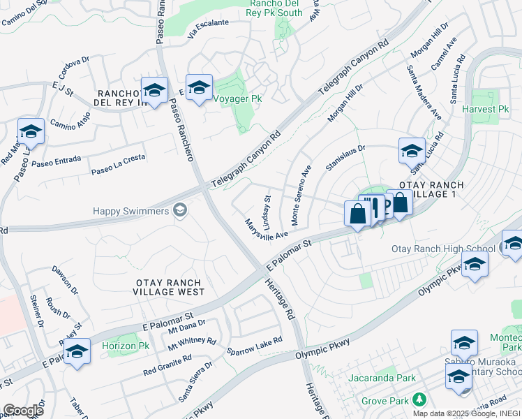 map of restaurants, bars, coffee shops, grocery stores, and more near 1270 Lindsay Street in Chula Vista
