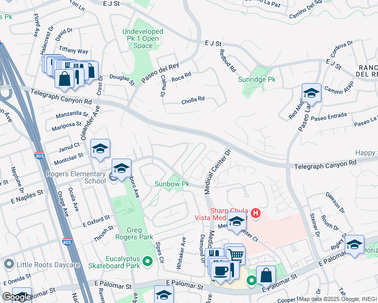 map of restaurants, bars, coffee shops, grocery stores, and more near 691 Indigo Canyon Road in Chula Vista