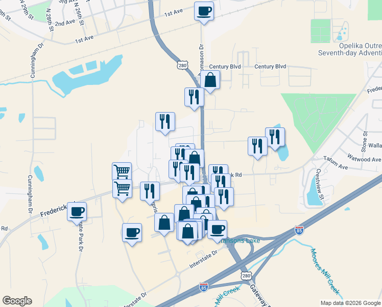 map of restaurants, bars, coffee shops, grocery stores, and more near 2204 Gateway Drive in Opelika