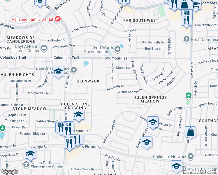 map of restaurants, bars, coffee shops, grocery stores, and more near 8020 Tree Leaf Lane in Fort Worth
