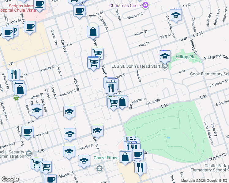 map of restaurants, bars, coffee shops, grocery stores, and more near 773 3rd Avenue in Chula Vista