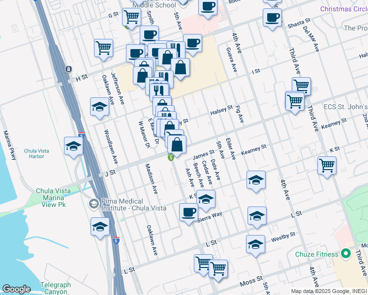 map of restaurants, bars, coffee shops, grocery stores, and more near 683 Ash Avenue in Chula Vista