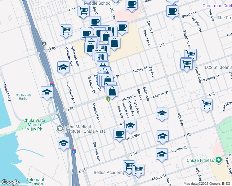 map of restaurants, bars, coffee shops, grocery stores, and more near 683 Ash Avenue in Chula Vista