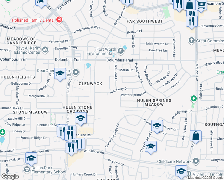 map of restaurants, bars, coffee shops, grocery stores, and more near 8020 Tree Leaf Lane in Fort Worth