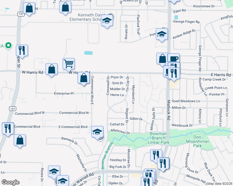 map of restaurants, bars, coffee shops, grocery stores, and more near 831 Mulder Drive in Arlington