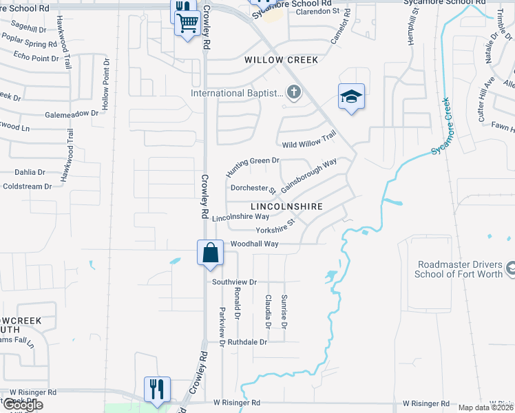 map of restaurants, bars, coffee shops, grocery stores, and more near 1724 Gainsborough Way in Fort Worth