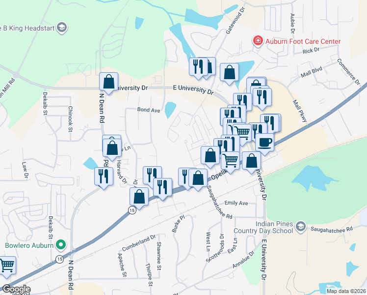 map of restaurants, bars, coffee shops, grocery stores, and more near 977 Pembroke Place in Auburn