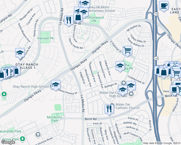 map of restaurants, bars, coffee shops, grocery stores, and more near 1444 Heatherwood Avenue in Chula Vista