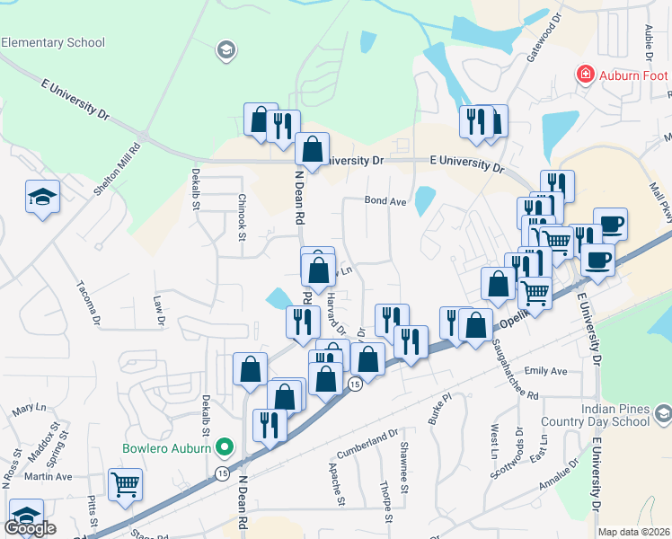 map of restaurants, bars, coffee shops, grocery stores, and more near 922 Harvard Place in Auburn