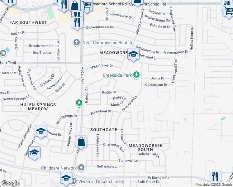 map of restaurants, bars, coffee shops, grocery stores, and more near 3217 Roddy Drive in Fort Worth