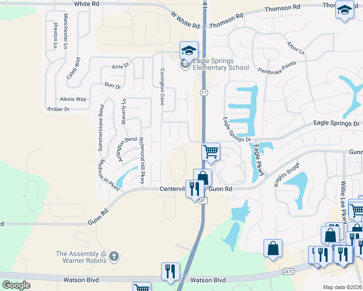 map of restaurants, bars, coffee shops, grocery stores, and more near 104 Monticello Drive in Byron