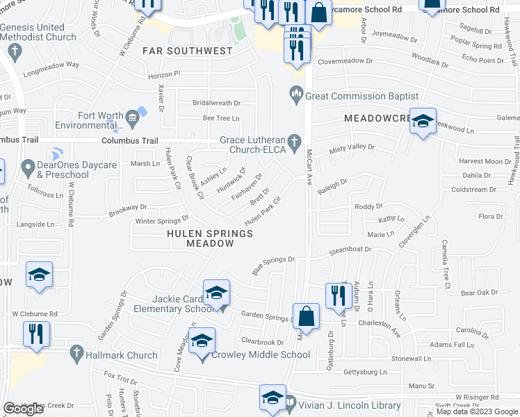 map of restaurants, bars, coffee shops, grocery stores, and more near 3710 Hulen Park Circle in Fort Worth