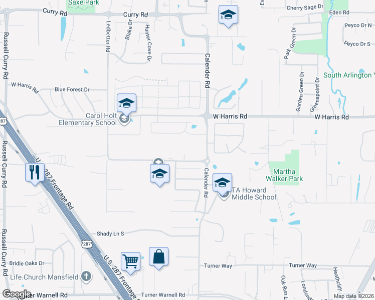 map of restaurants, bars, coffee shops, grocery stores, and more near 7408 Calender Road in Arlington