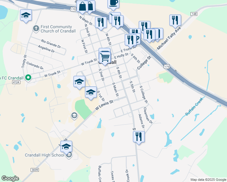 map of restaurants, bars, coffee shops, grocery stores, and more near 405 South Main Street in Crandall