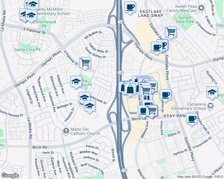 map of restaurants, bars, coffee shops, grocery stores, and more near 1561 Caminito Zaragosa in Chula Vista