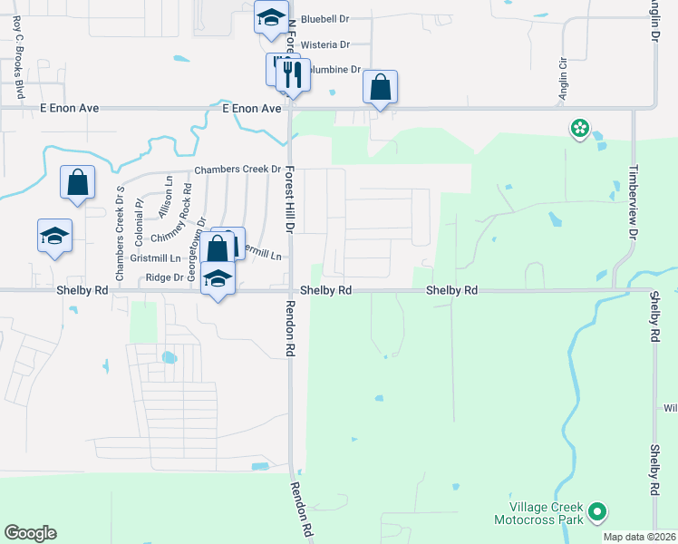 map of restaurants, bars, coffee shops, grocery stores, and more near 3437-3533 Shelby Road in Fort Worth