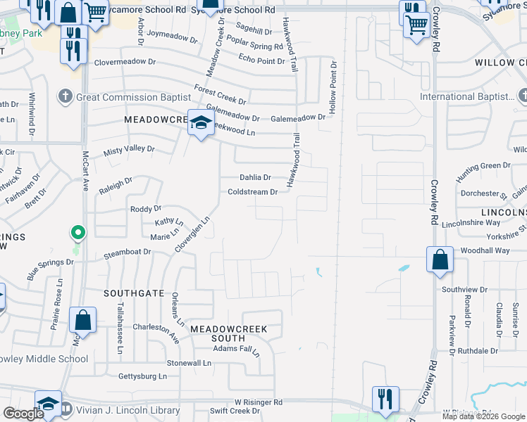 map of restaurants, bars, coffee shops, grocery stores, and more near 2528 Prickly Pine Trail in Fort Worth