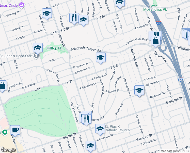 map of restaurants, bars, coffee shops, grocery stores, and more near 81 East Fortuna Street in Chula Vista