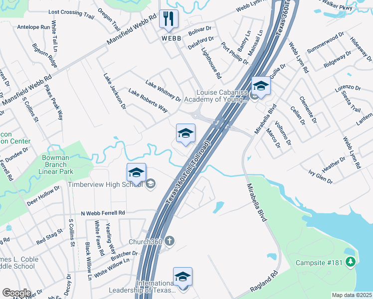 map of restaurants, bars, coffee shops, grocery stores, and more near 7650 South Watson Road in Arlington