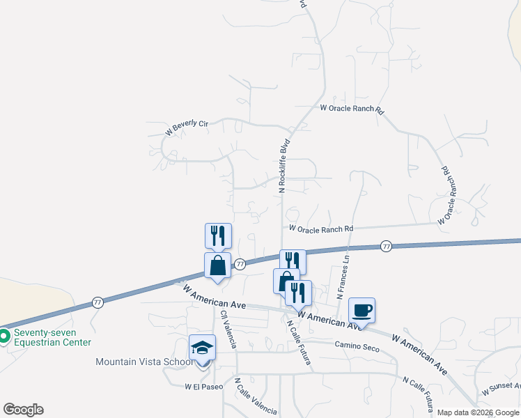 map of restaurants, bars, coffee shops, grocery stores, and more near 2545 North Sonberg Drive in Oracle