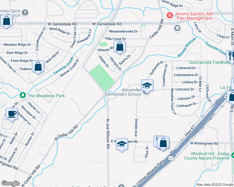 map of restaurants, bars, coffee shops, grocery stores, and more near 611 Linkcrest Drive in Duncanville