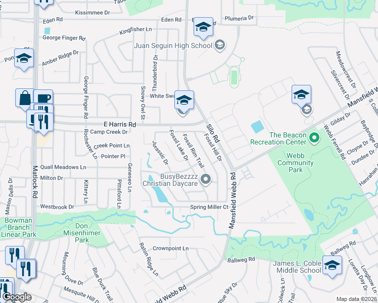map of restaurants, bars, coffee shops, grocery stores, and more near 7210 Fossil Rim Trail in Arlington