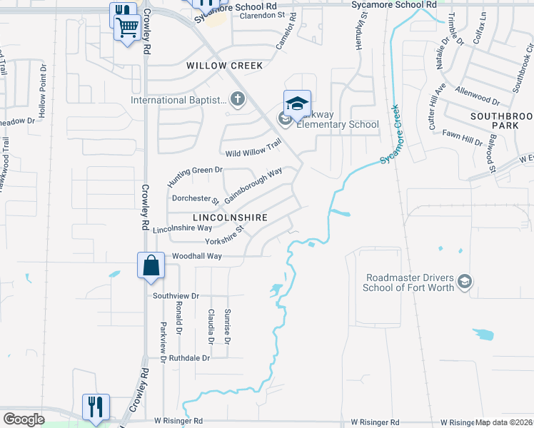 map of restaurants, bars, coffee shops, grocery stores, and more near 1425 Yorkshire Street in Fort Worth