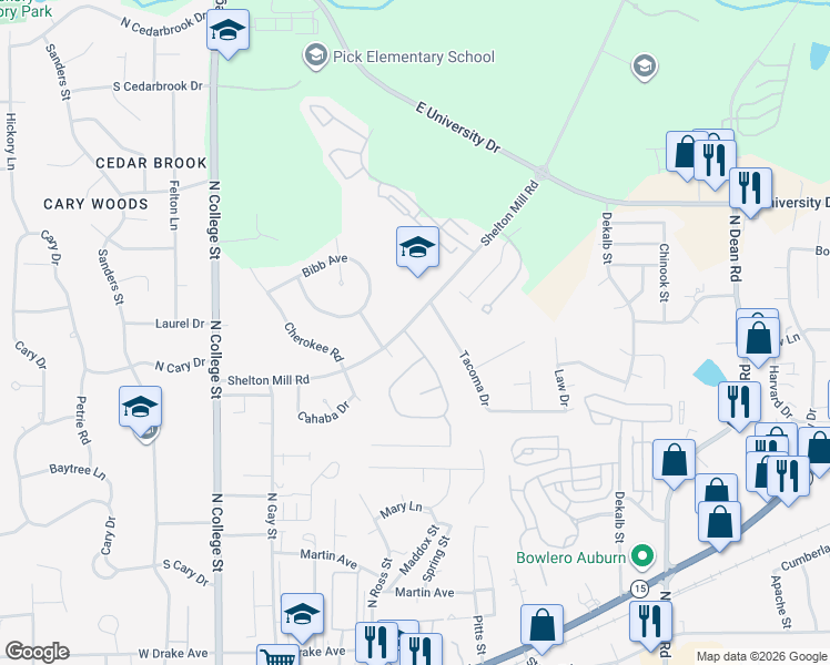 map of restaurants, bars, coffee shops, grocery stores, and more near 830 Tullahoma Drive in Auburn