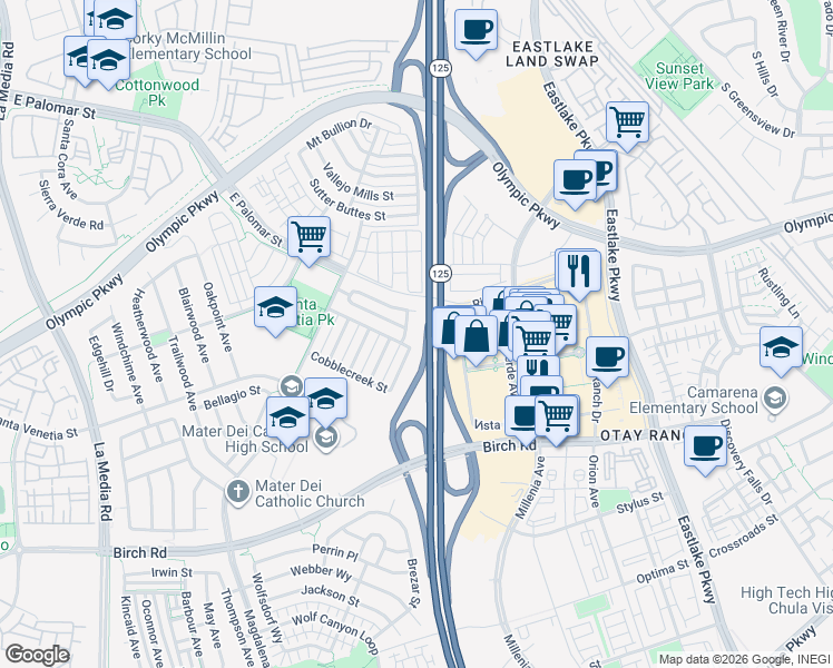 map of restaurants, bars, coffee shops, grocery stores, and more near 1541 Caminito Zaragosa in Chula Vista