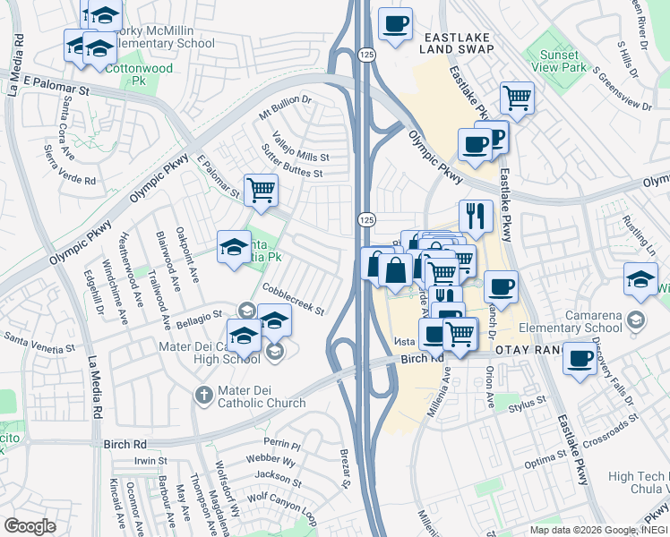 map of restaurants, bars, coffee shops, grocery stores, and more near 1998 Caminito Alcala in Chula Vista