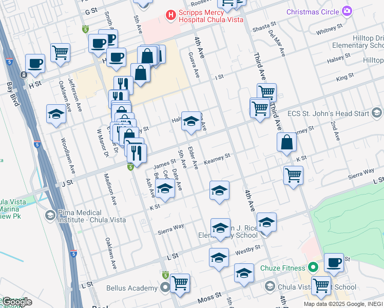 map of restaurants, bars, coffee shops, grocery stores, and more near 716 Brightwood Avenue in Chula Vista