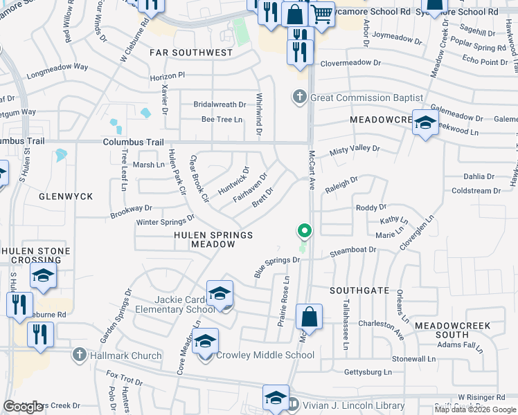 map of restaurants, bars, coffee shops, grocery stores, and more near 3709 Brett Drive in Fort Worth