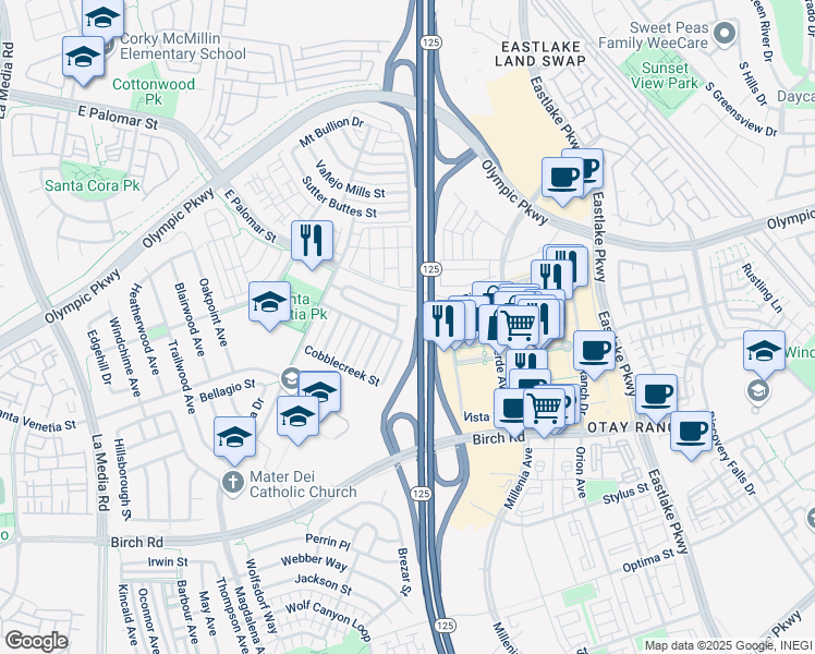 map of restaurants, bars, coffee shops, grocery stores, and more near 1541 Caminito Zaragosa in Chula Vista