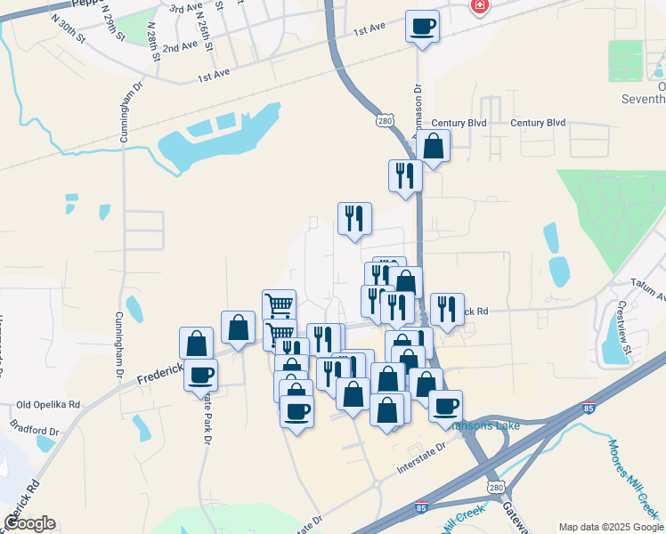 map of restaurants, bars, coffee shops, grocery stores, and more near 2213 Center Hill Drive in Opelika